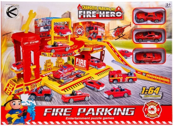 Garaje de aparcamiento de bomberos con 3 cochecitos - 1 pieza