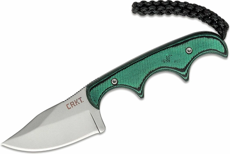 CRKT Minimalist Bowie – pequeño cuchillo de cuello 5,3 cm, verde‑negro, G10, funda