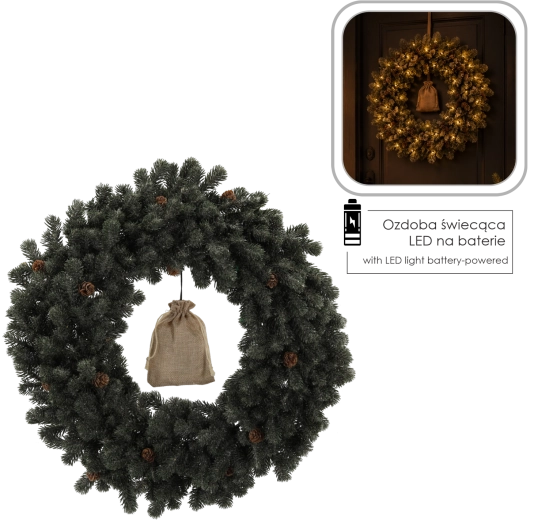 Corona navideña de 50 cm con efecto escarchado e iluminación LED
