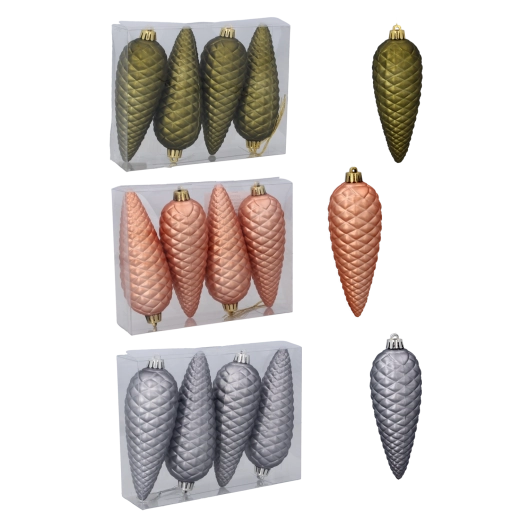 Juego de adornos navideños en forma de piñas mate de 14 cm – oliva, cobre y grafito (4 uds.)
