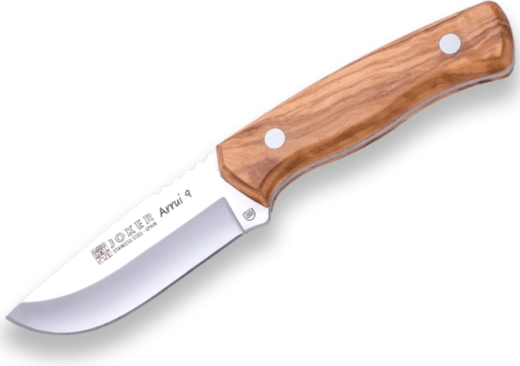 Cuchillo de exterior Joker Arrui, 9 cm, madera de olivo, funda de cuero
