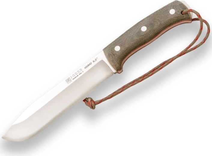 Cuchillo outdoor Joker Nomad 16,5 cm, hoja satinada, Micarta negra, funda de cuero