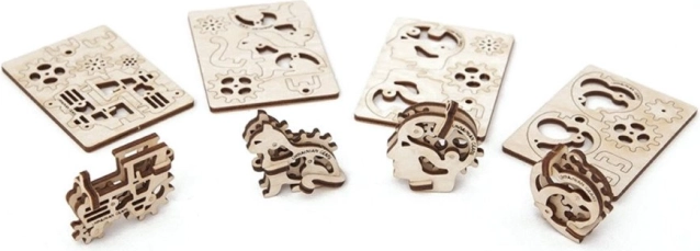 Ugears puzle de madera mecánico 3D – 4 colgantes mecánicos símbolos de personajes