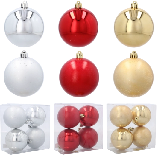 Juego de bolas navideñas de 8 cm – roja, dorada y plateada (4 uds.)