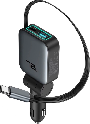 Cargador de coche Renew Force 3 en 1 de 72 W con cable USB-C retráctil