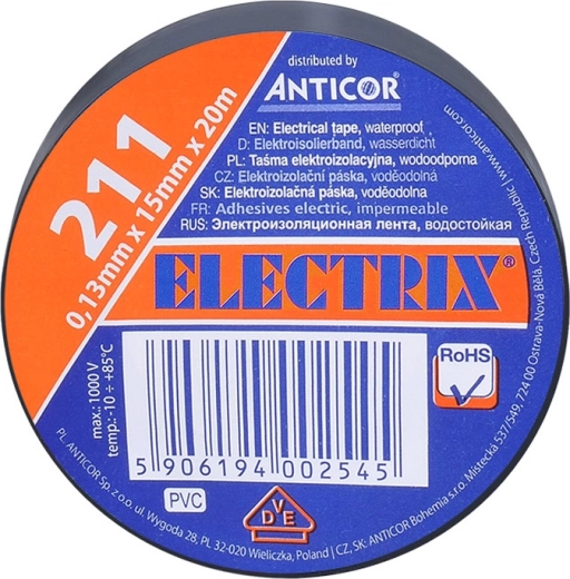 Cinta aislante eléctrica Solight 15 mm x 0,13 mm x 20 m negra