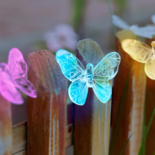 Cadena de luces LED solares con mariposas, 10 LED de colores, 2 m