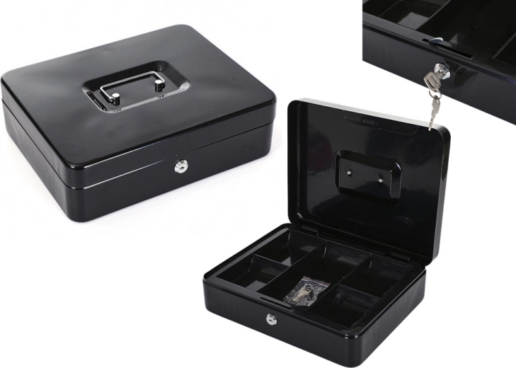 Caja de caudales metálica con compartimentos, de dos niveles, negra, 2 llaves