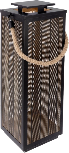 Farol decorativo metálico negro y dorado con cuerda de yute 67 cm