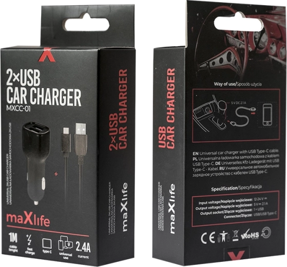 Cargador de coche MAXLIFE 2× USB + USB‑C 2,4 A, negro