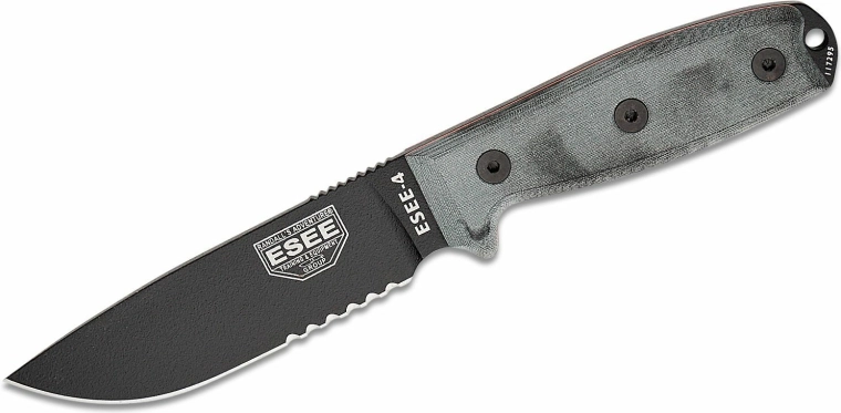 Cuchillo ESEE 4S con dentado parcial, 11,4 cm, negro/gris, Micarta, funda MOLLE