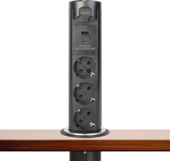 Regleta escamoteable motorizada Touchcontrol con 3 tomas, USB-A y USB-C, negra