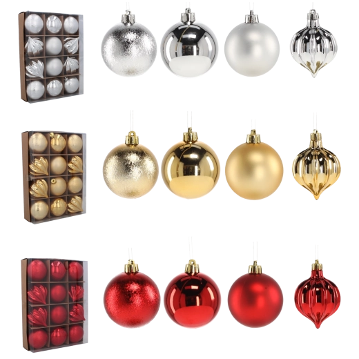 Juego de adornos navideños de 6 cm – rojo, dorado y plateado, 12 uds., irrompibles