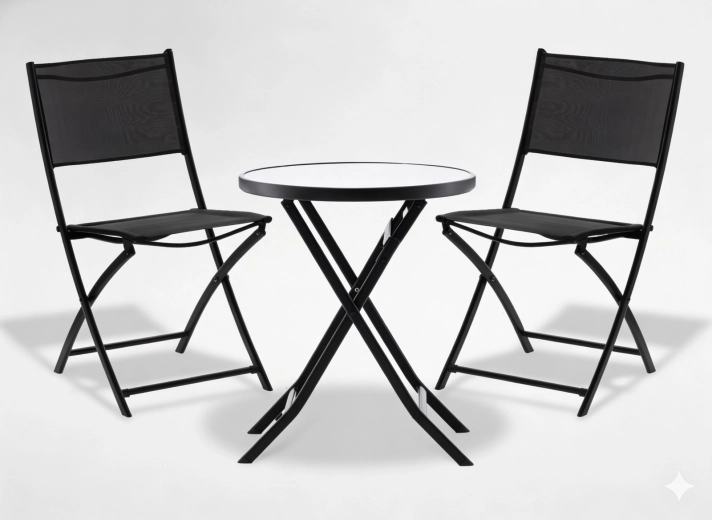 Set bistró para balcón – mesa redonda plegable y 2 sillas plegables, metal negro y vidrio
