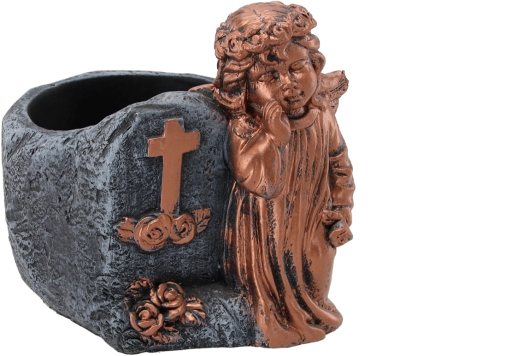 Jardinera cementicia para cementerio con angelito en tono cobrizo 16 × 14 × 15,5 cm