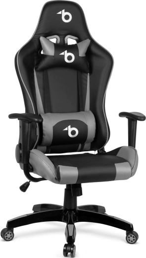 Silla gaming gris con cojín lumbar y reposacabezas