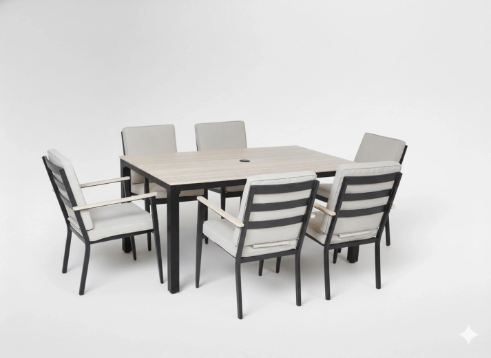 Conjunto de comedor de jardín de aluminio con mesa y 6 sillones, acolchado beige
