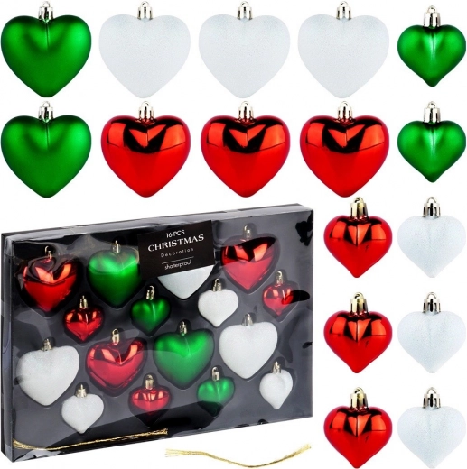 Set de adornos navideños irrompibles en forma de corazón rojos, verdes y blancos 16 uds (6,5 cm y 4,5 cm)