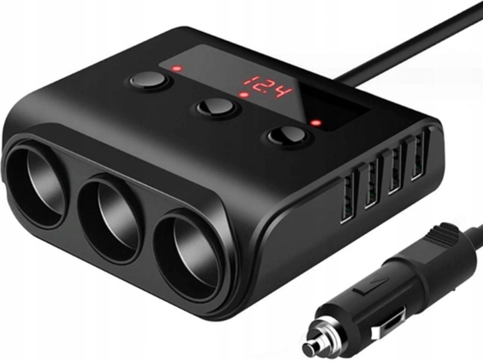 Distribuidor para automóvil para encendedor con 3 tomas y 4 puertos USB