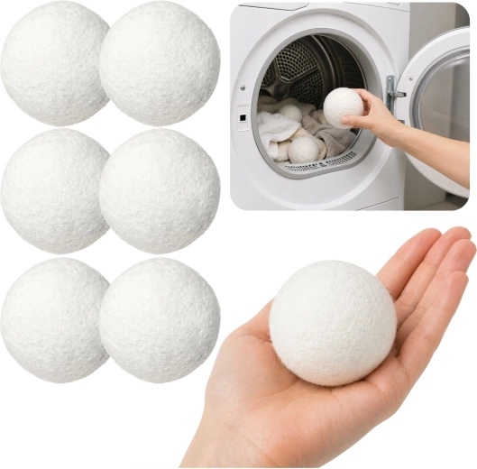 Bolas de lana naturales para secadora, blancas 7 cm, 6 uds