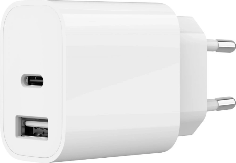 Cargador de pared USB universal con 2 puertos (USB‑A + USB‑C) 2,4 A, blanco