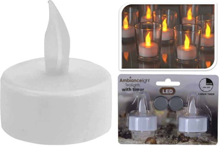 Vela de té LED blanca con temporizador y pilas (2 uds)