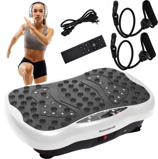 Plataforma de entrenamiento vibratoria Bauerkraft con mando a distancia, Bluetooth y altavoces, blanca
