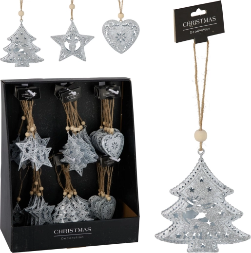 Decoración navideña colgante metálica, mezcla de formas 7–7,5 cm, blanca