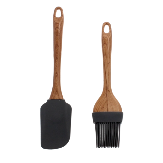Juego de dos piezas de utensilios de cocina con silicona y mangos de madera