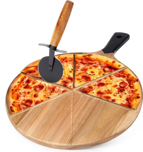 Tabla para pizza de madera con cortador 30 cm, juego de 2 piezas de doble cara