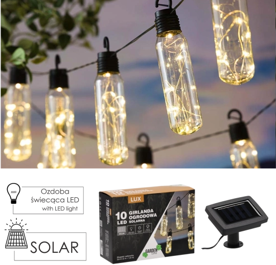 Guirnalda luminosa solar para jardín 10 LED, blanco cálido, 3,8 m