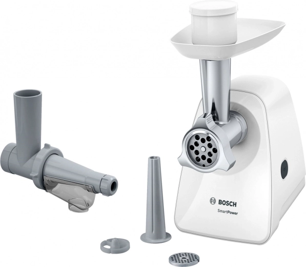 Picadora de carne eléctrica Bosch MFW2515W, compacta 1500 W con accesorios para embutidos y para puré