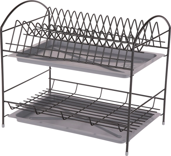 Escurridor de platos de dos niveles de 40 cm con bandejas de goteo, negro