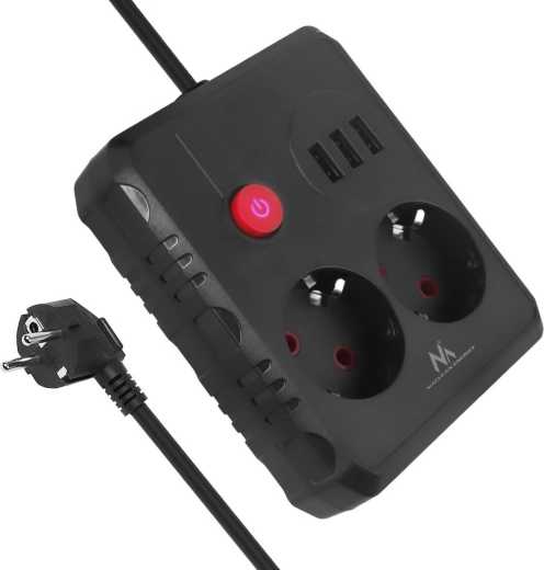 Regleta alargadora con protección contra sobretensiones, 2 tomas y 3× USB, 2500 W, 3 m, negra