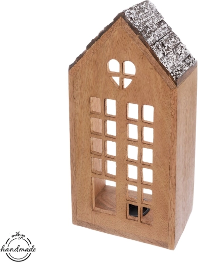 Portavelas MANGO en forma de casita de madera y metal, 38,5 cm