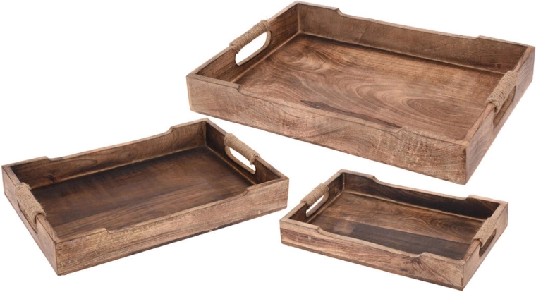 Bandeja de madera de mango con asas de cuerda 31 × 20 × 4,5 cm