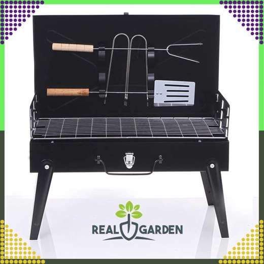 Parrilla de carbón plegable y portátil en maletín con juego de utensilios