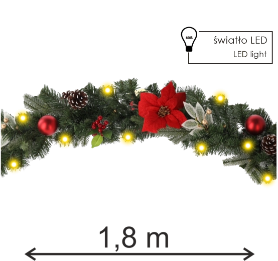Guirnalda navideña LED 180 cm, rojo‑dorado, 20 LED