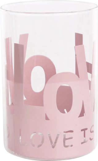 Portavelas de cristal Love en funda metálica rosa