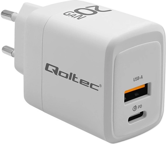 Cargador blanco 20W GaN con USB-C PD y USB QC 3.0