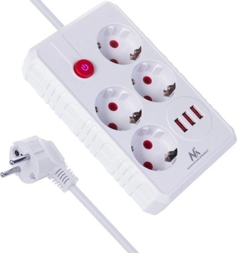 Regleta alargadora Maclean con 4 tomas y 3× USB, 3 m, blanca - 1 pieza
