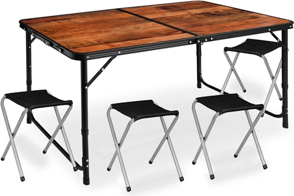 Set de camping plegable con mesa y 4 taburetes en imitación madera, 5 en 1 tipo maletín