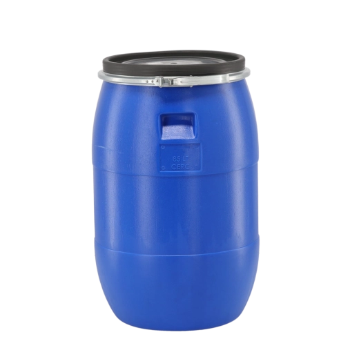 Bidón de plástico de 85 l con abrazadera metálica, azul