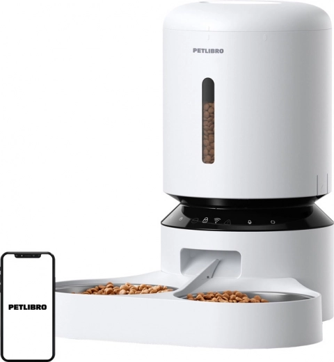 Dispensador automático de comida Petlibro con doble cuenco y Wi‑Fi, 5 l, blanco