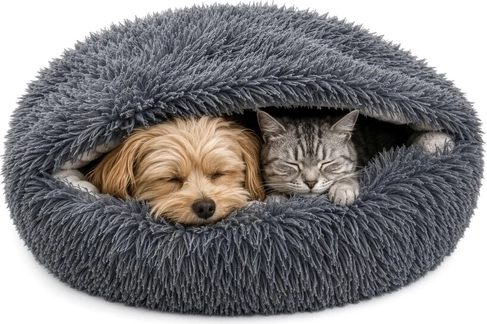 Cama de felpa Purlov para perro y gato 70 × 60 cm 2 en 1 con capucha, gris