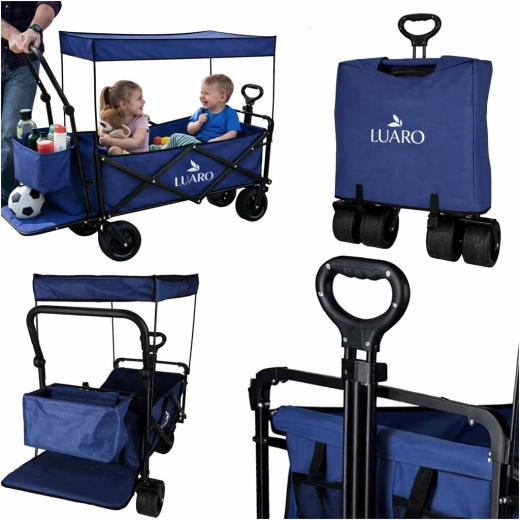 Carrito de transporte plegable LUARO con techo y red 120 l, azul marino