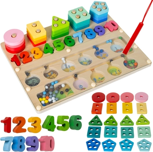 Clasificador Montessori de madera 3 en 1 Kruzzel (laberinto magnético, formas y números) 30 × 22,5 cm