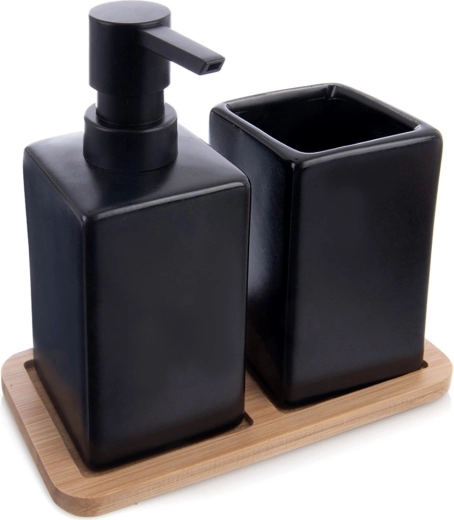 Juego de baño de dolomita de 3 piezas negro con bandeja de bambú Vilde