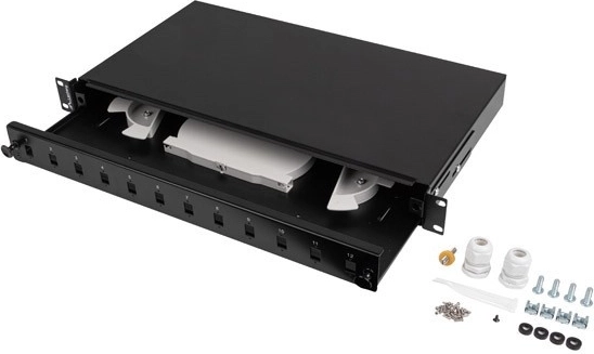 Panel de conexión óptica 19'' 1U, 12× SC simplex / 12× LC dúplex, extraíble, negro + accesorios