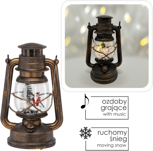 Farol navideño LED con nieve que cae y caja de música, marrón, motivo de San Nicolás y arbolito